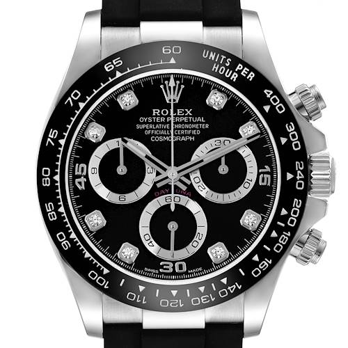The Rolex Daytona watch is shown from the front, displaying the bezel, dial, and chronograph sub-dials clearly.