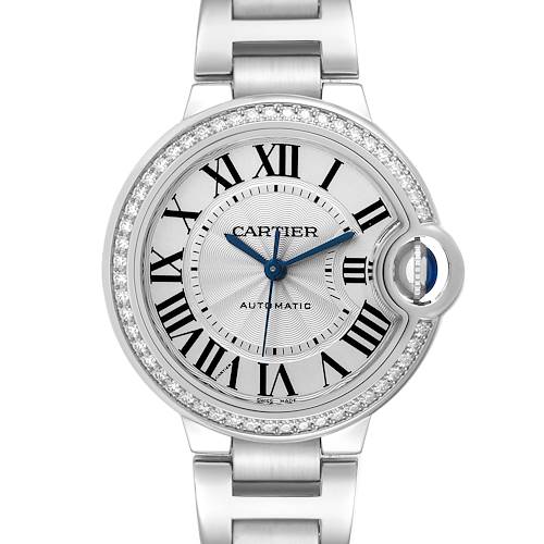 The Cartier Ballon Bleu watch is shown from a front angle, displaying the dial, bracelet, and signature crown.