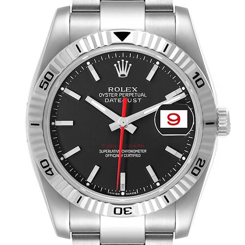 This image shows a front view of the Rolex Turn-o-Graph watch, highlighting its bezel, dial, and date display.