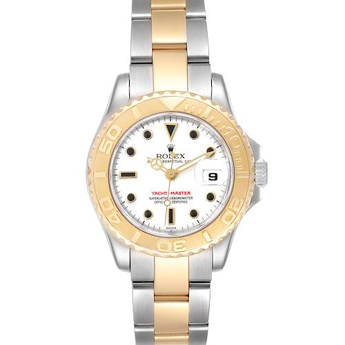 The image shows a front angle of the Rolex Yacht-Master watch, highlighting its face, bezel, and bracelet.