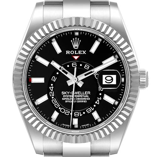 This is a front view of the Rolex Sky-Dweller watch, showing its black dial, bezel, and part of the strap.