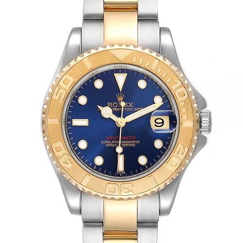 The image shows a front view of a Rolex Yacht-Master watch, highlighting its bezel, dial, and bracelet.