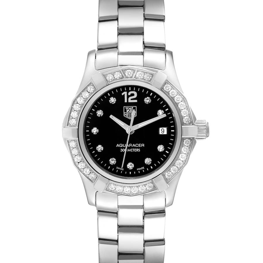 The image shows a front view of the Tag Heuer Aquaracer watch, highlighting its bezel, dial, and bracelet.