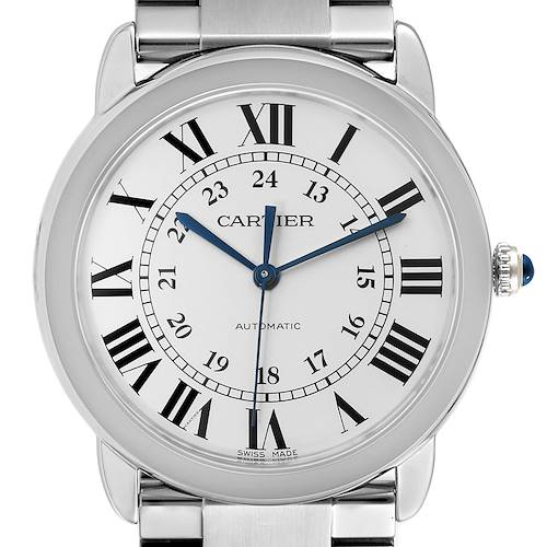 This image shows a frontal view of the Cartier Ronde model watch, including the dial, bezel, and part of the bracelet.