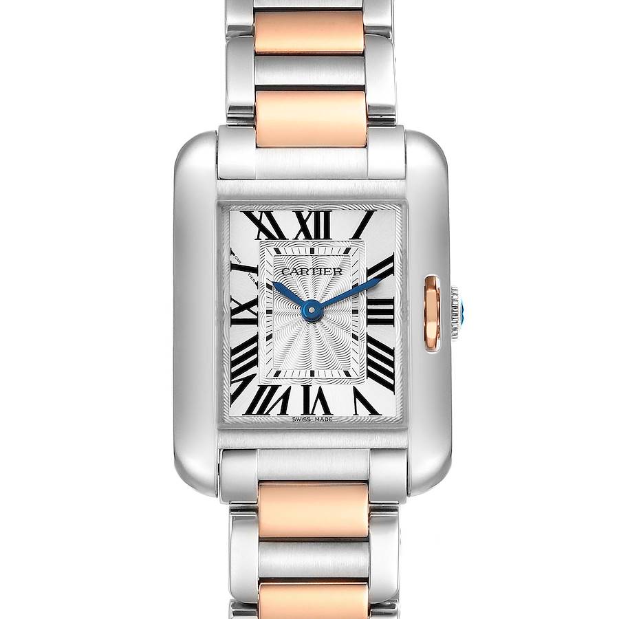 The image shows a Cartier Tank Anglaise watch with a rectangular dial, Roman numerals, and a two-tone metal bracelet from a front angle.