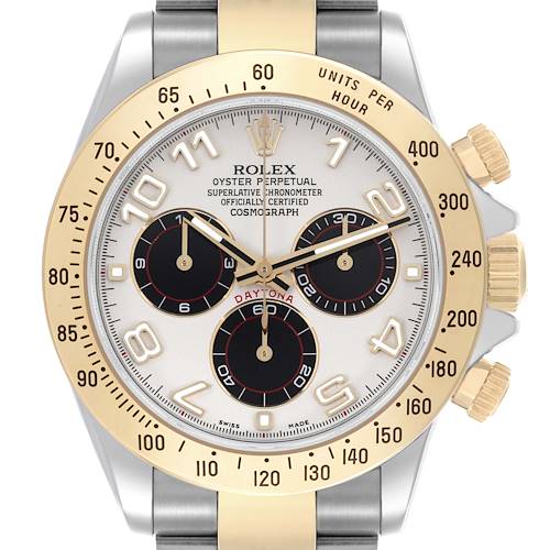 The image shows a frontal view of a Rolex Daytona watch, highlighting the dial, bezel, and pushers.