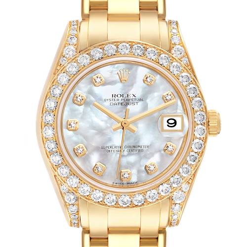 The image shows a front view of the Rolex Pearlmaster watch, highlighting the dial, bezel with diamonds, and part of the bracelet.