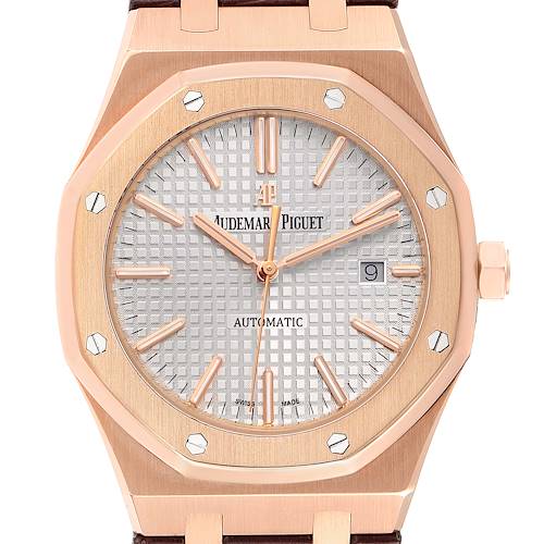 This image shows a front view of the Audemars Piguet Royal Oak watch, highlighting the dial, bezel, and crown.