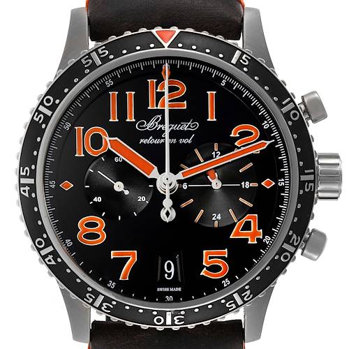 The image shows a front view of the Breguet Type XX - XXI - XXII watch, highlighting its dial, hands, bezel, and pushers.