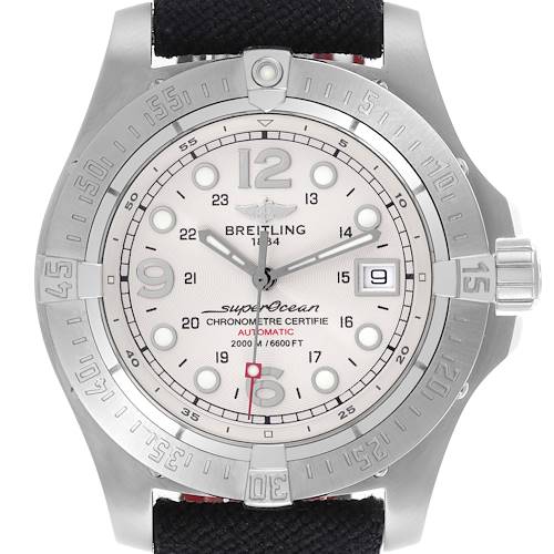 The Breitling Superocean watch is shown from the front, displaying its dial, bezel, crown, and strap.