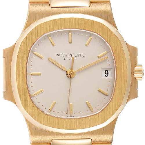 The image shows a front view of the Patek Philippe Nautilus watch highlighting the face, hands, crown, and part of the bracelet.