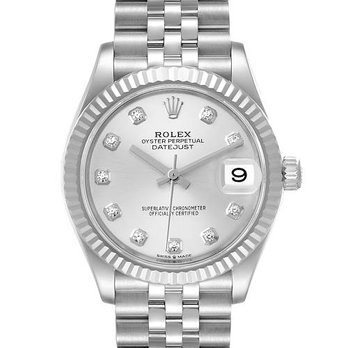 This image shows the front view of a Rolex Oyster Perpetual Datejust Mid-Size watch with a silver dial and diamond hour markers.