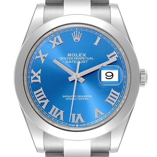 The image shows a front view of the Rolex Datejust 41 watch, highlighting its blue dial and date display.