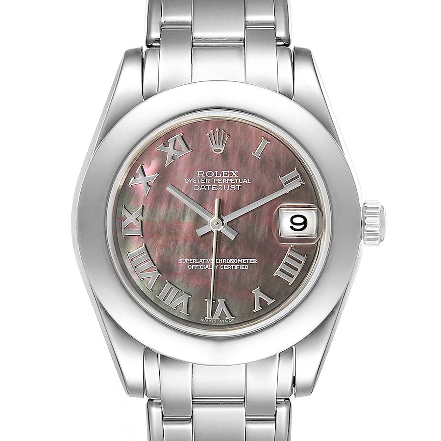 The image shows a front view of the Rolex Pearlmaster with a close-up of its face, dial, and part of the bracelet.