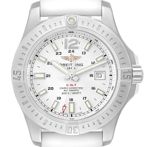 This image shows a front view of the Breitling Colt watch, highlighting its dial, bezel, and hands.