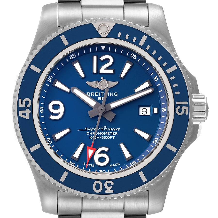 This image shows a front view of a Breitling Superocean watch, displaying the dial, bezel, hands, markers, and date window.