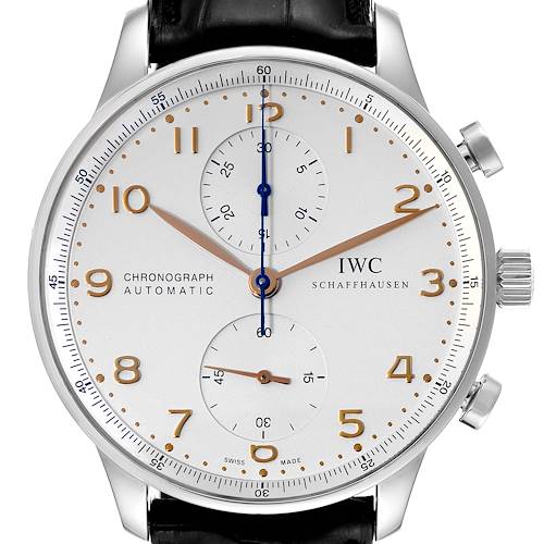 The image shows a front view of an IWC Portuguese chronograph watch with its dial, hands, and crown visible.