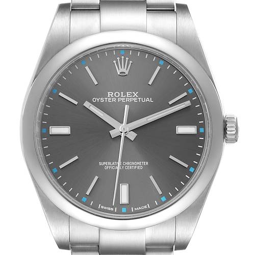 The image shows a front view of a Rolex Oyster Perpetual watch, highlighting its dial, hands, crown, and part of the bracelet.
