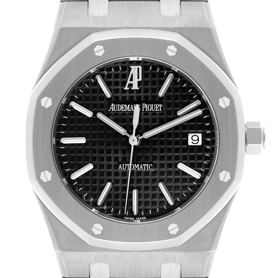 The Audemars Piguet Royal Oak watch is shown from the front, highlighting its octagonal bezel, textured dial, and date display.