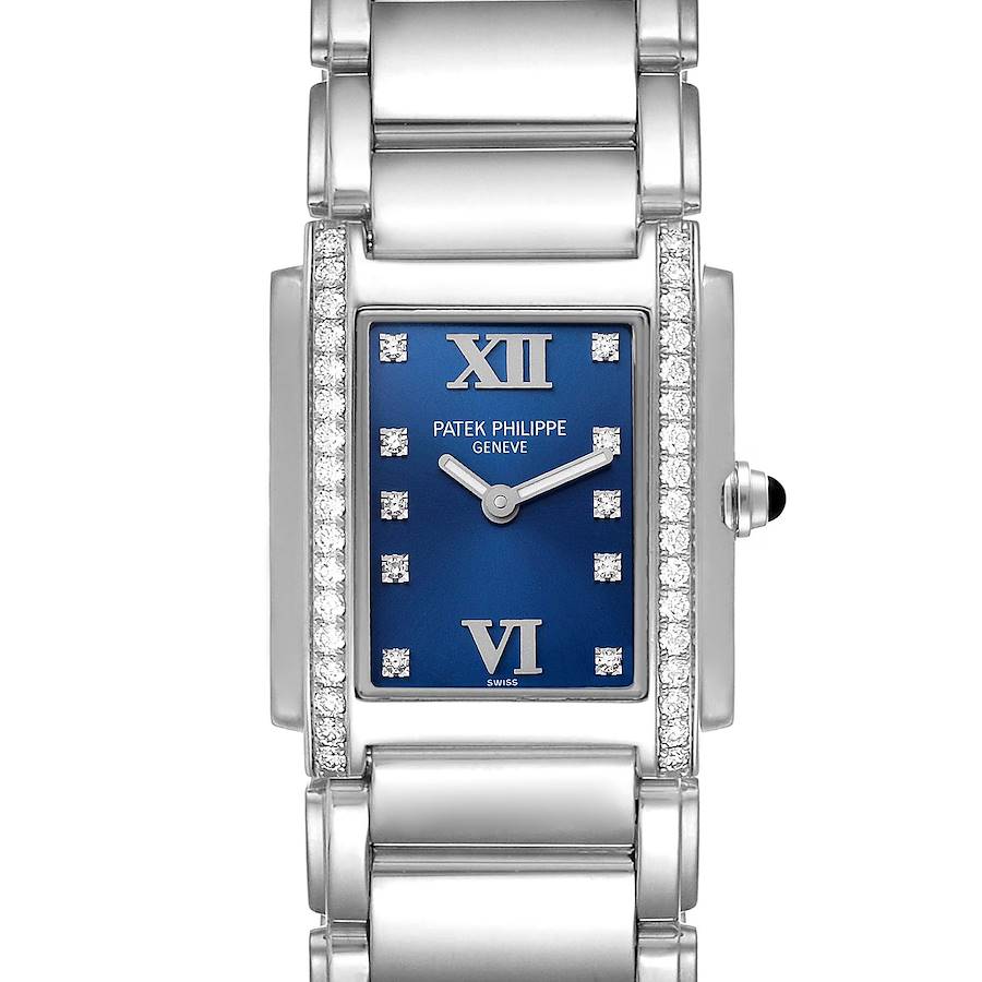 This is a close-up front view of the Patek Philippe Twenty-4 model watch showcasing its blue dial, Roman numerals, and diamond accents.