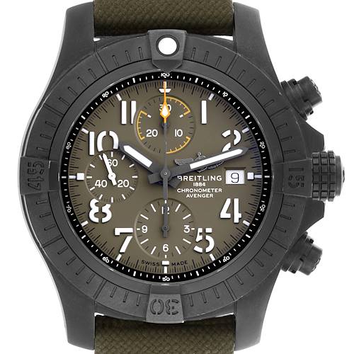 The Breitling Avenger watch is shown from a front angle, displaying its dial, bezel, and crown.