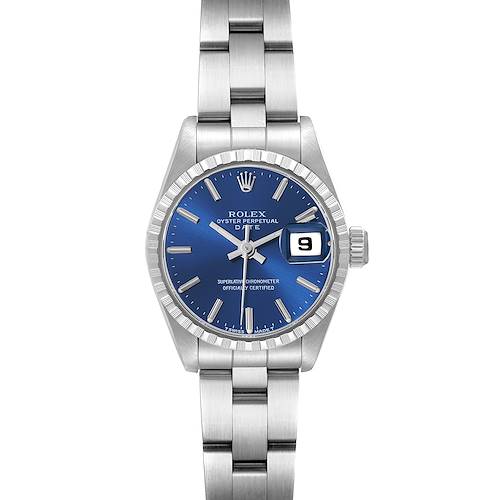 The Rolex Date model is shown from the front, highlighting the blue dial, date window, bezel, crown, and bracelet.
