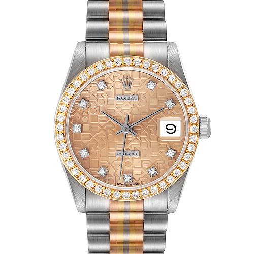 The Rolex President model is shown from the front, featuring its dial, bezel, and bracelet.