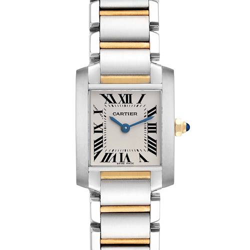 This Cartier Tank Francaise watch is shown from a top view, displaying the face, bezel, and part of the bracelet.