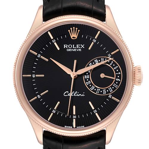 This image shows a Rolex Cellini model watch from a front angle, highlighting its face, hands, date subdial, and crown.
