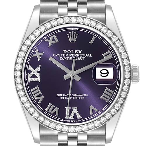 This Rolex Datejust watch is shown from a top-down angle, highlighting the face, bezel, crown, and part of the bracelet.