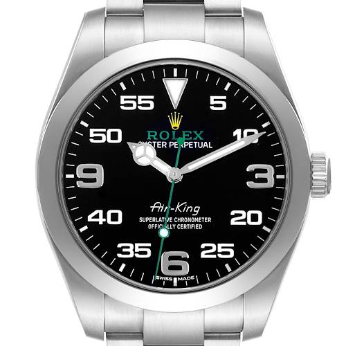 The Rolex Air-King watch is shown from a front angle, displaying the face, bezel, and part of the bracelet.