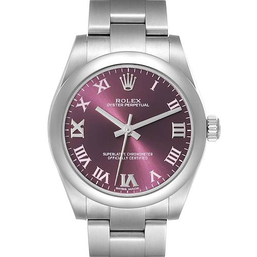 The image shows the front view of a Mid-Size Rolex Oyster Perpetual watch with a purple dial and stainless steel bracelet.