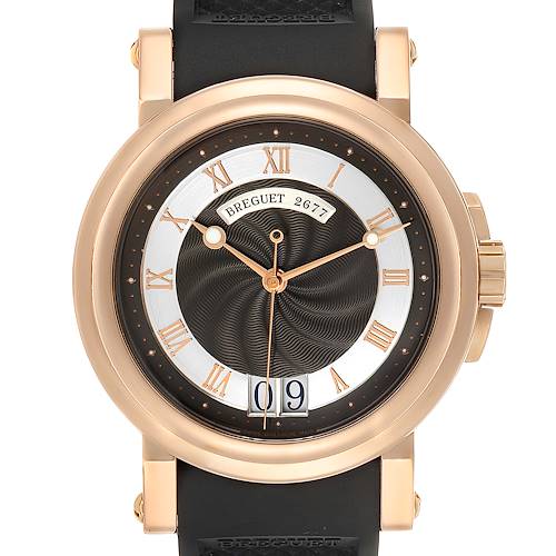 This image shows a front view of the Breguet Marine model watch, highlighting the face, bezel, and strap.