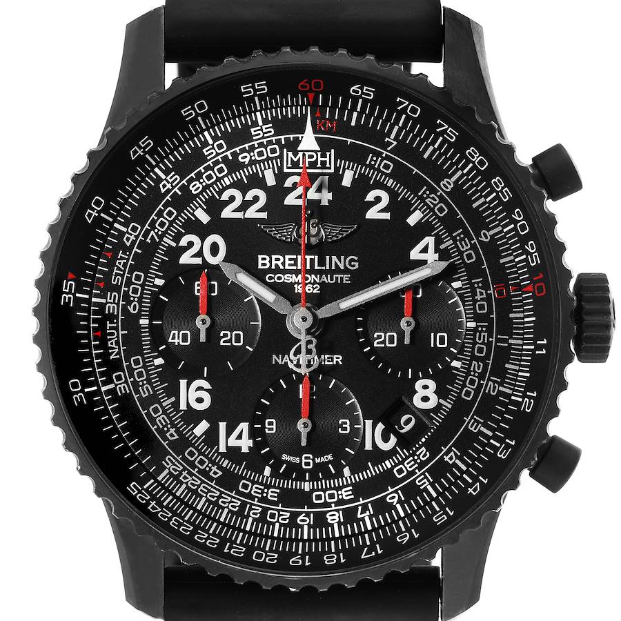 The image shows a frontal view of a Breitling Navitimer watch, highlighting its detailed dial, chronographs, and bezel.