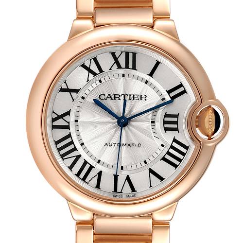 The image shows a front view of the Cartier Ballon Bleu watch, highlighting its Roman numeral dial and distinctive crown.