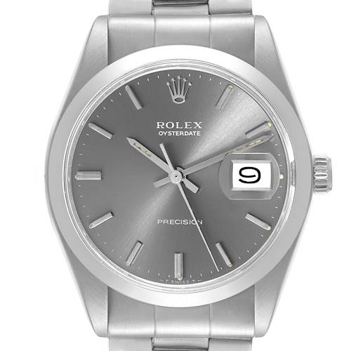 The image shows a front view of the Rolex Vintage Collection Oysterdate watch, highlighting the dial, hands, date window, and crown.