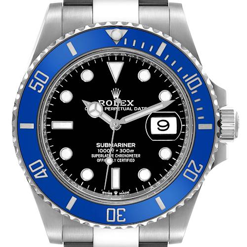 This is a frontal view of a Rolex Submariner watch, displaying its blue bezel, black dial, luminous markers, and date window.