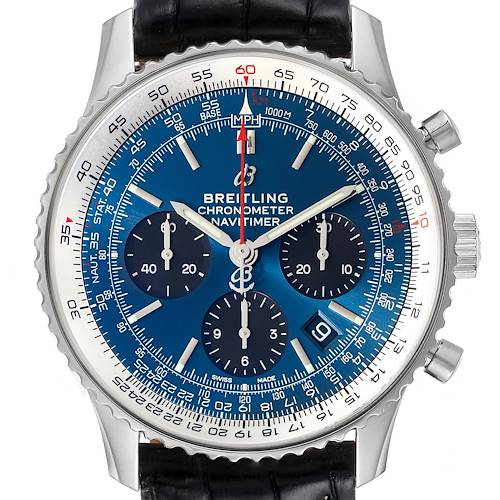 The image shows a front view of a Breitling Navitimer watch, highlighting its blue dial, chronograph sub-dials, and black leather strap.