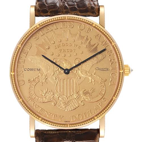 The Corum Coin Watch is shown from the front, highlighting the gold dial and intricate coin design.