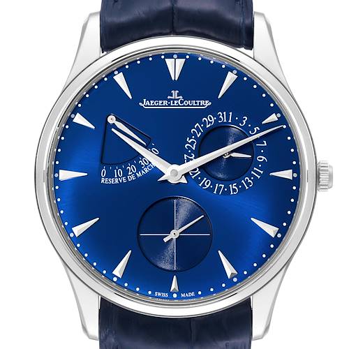 The image shows a front view of a Jaeger-LeCoultre Master model watch with a blue dial and multiple subdials.