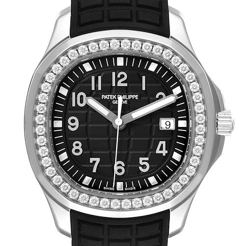 The image shows a front view of the Patek Philippe Aquanaut watch, highlighting its diamond bezel and black dial.