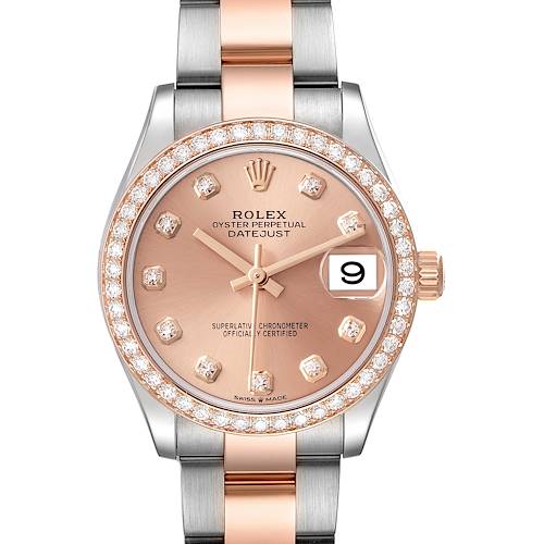 The Rolex Datejust watch is shown from the front, displaying the dial, bezel with diamonds, and part of the bracelet.