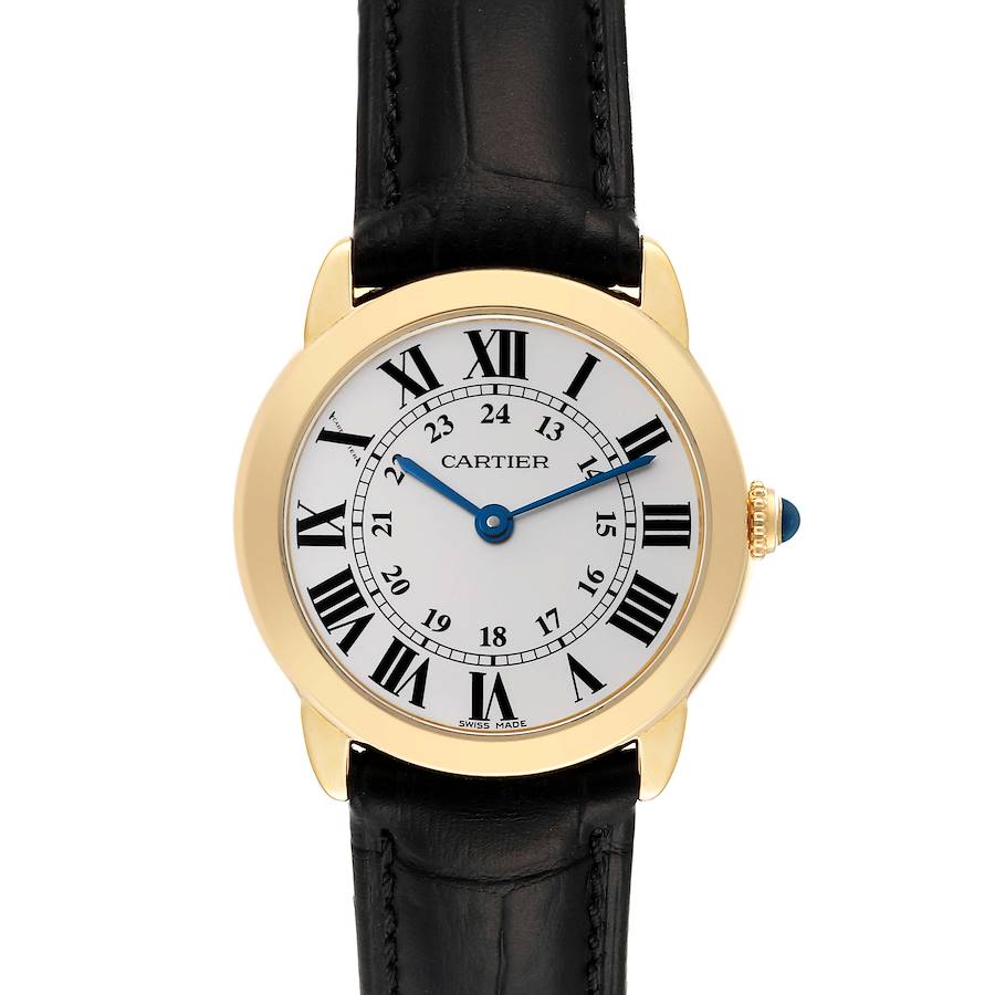 This image shows a front view of the Cartier Ronde watch, featuring a gold case, Roman numerals, and a black leather strap.