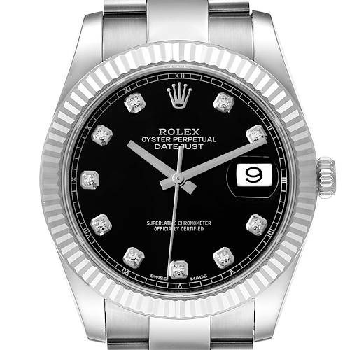 The Rolex Datejust 41 is shown from the front, highlighting the black dial, diamond markers, fluted bezel, and date window.