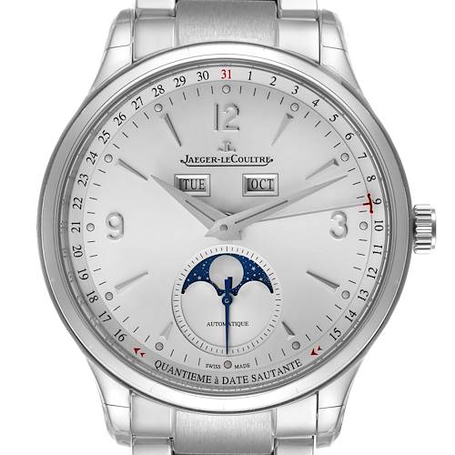 The Jaeger-LeCoultre Master watch is shown from the front, displaying the dial with date, day, month, and moon phase features.