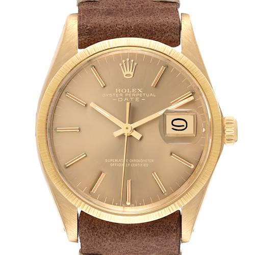 The Rolex Vintage Collection watch is shown from the front, displaying the dial, hands, bezel, and partial leather strap.