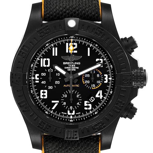 The image shows a front view of the Breitling Avenger watch, highlighting its black dial, bezel, and chronograph pushers.