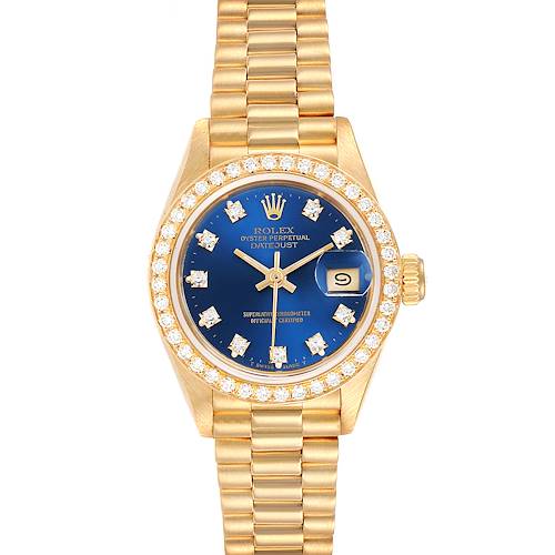 The Rolex President model watch is shown from a frontal angle, displaying the dial, bezel, and part of the bracelet.
