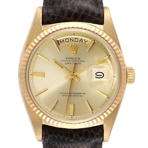 The image shows a front view of a Vintage Collection Rolex Oyster Perpetual Day-Date watch with a gold case and brown leather strap.