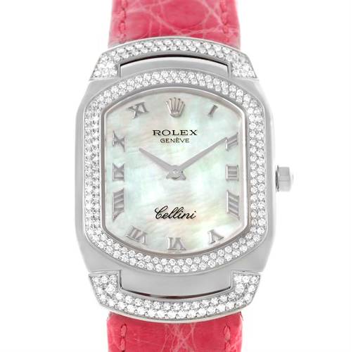 The Rolex Cellini watch is shown from a front angle, highlighting the dial, bezel, case, and a portion of the strap.